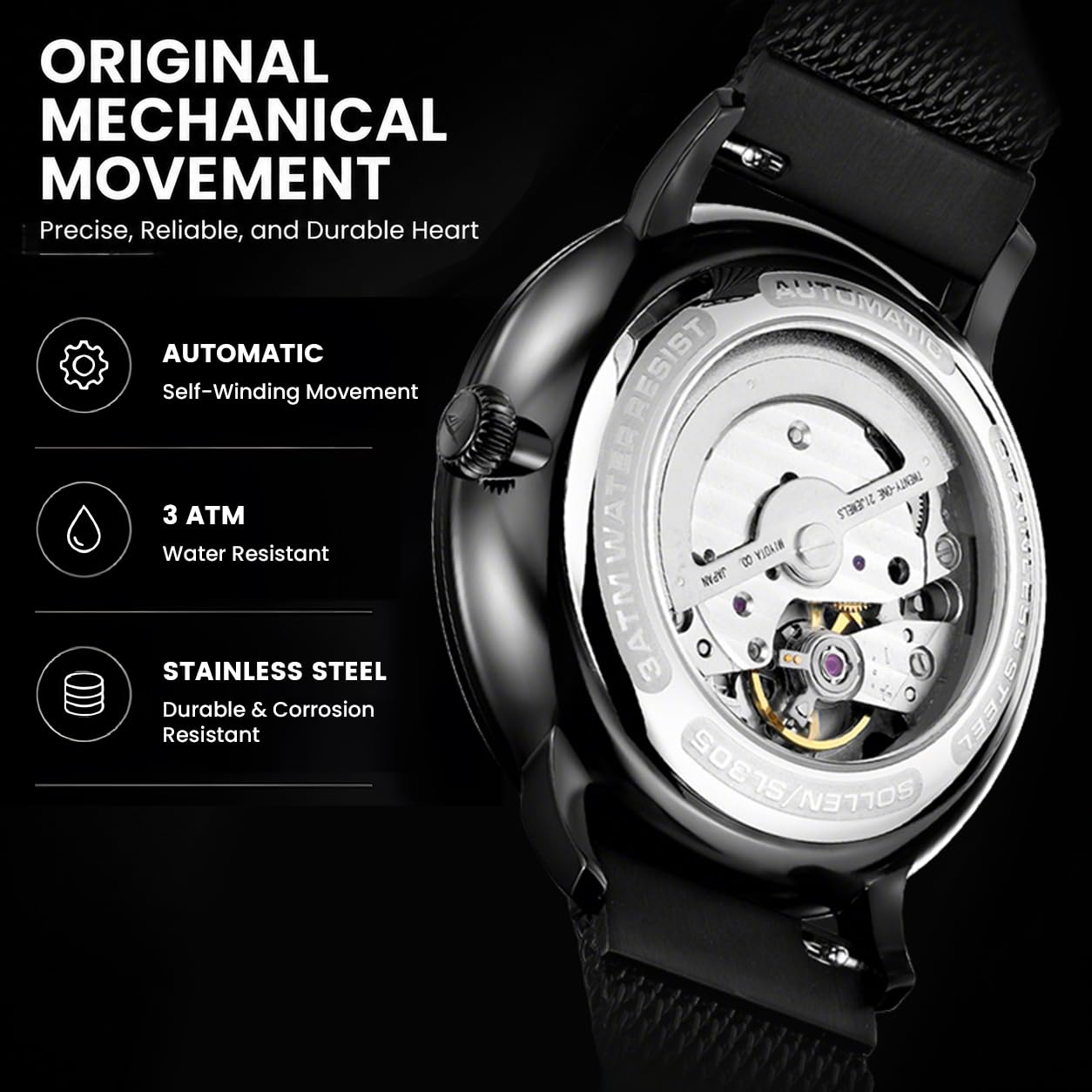 SOLLEN Relojes automáticos de esqueleto para hombre, relojes mecánicos minimalistas negros con manecillas luminosas y segunda subesfera, acero inoxidable, impermeable, elegante, de lujo, para uso