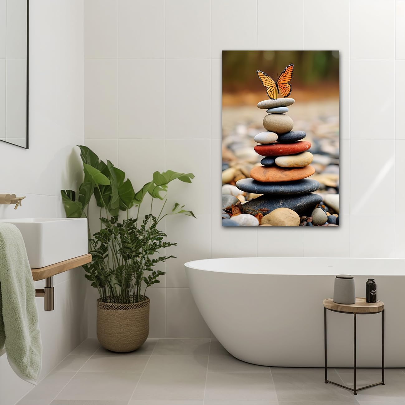 CXHOSTENT Zen Canvas Wall Art Zen Stone Bathroom Pictures Butterfly Canvas Print Spa Painting Framed Artwork for Yoga Meditation Room Spiritual Gift (Zen-2, 12.00"x18.00") - Image 2