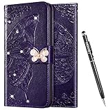 Uposao Kompatibel mit Samsung Galaxy S8 Hülle Leder Handyhülle Schutzhülle Glitzer Bling Strass Diamant Schmetterling Blumen Flip Wallet Case Tasche Lederhülle Klapphülle,Dunkelviolett
