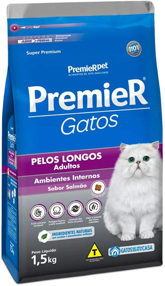 Ração Premier Ambientes Internos Pelos Longos Para Gatos Adultos Sabor Salmão - 1,5Kg Premier Pet Adulto