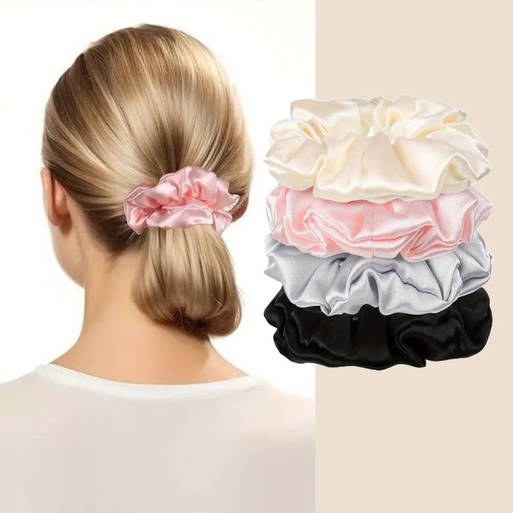 Satin Scrunchies for women/girls | Same Colors in the Image (Pack of 4) | Scrunchies for Women's Hair Band | Stylish Silk Satin with Strong Elastic & Pastel colors 100% Mulberry Silk Scrunchies, Silk Hair Ties 19 Momme Silk Scrunchies for Hair No Damag Scrunchies for Women No Damage Hair Ties