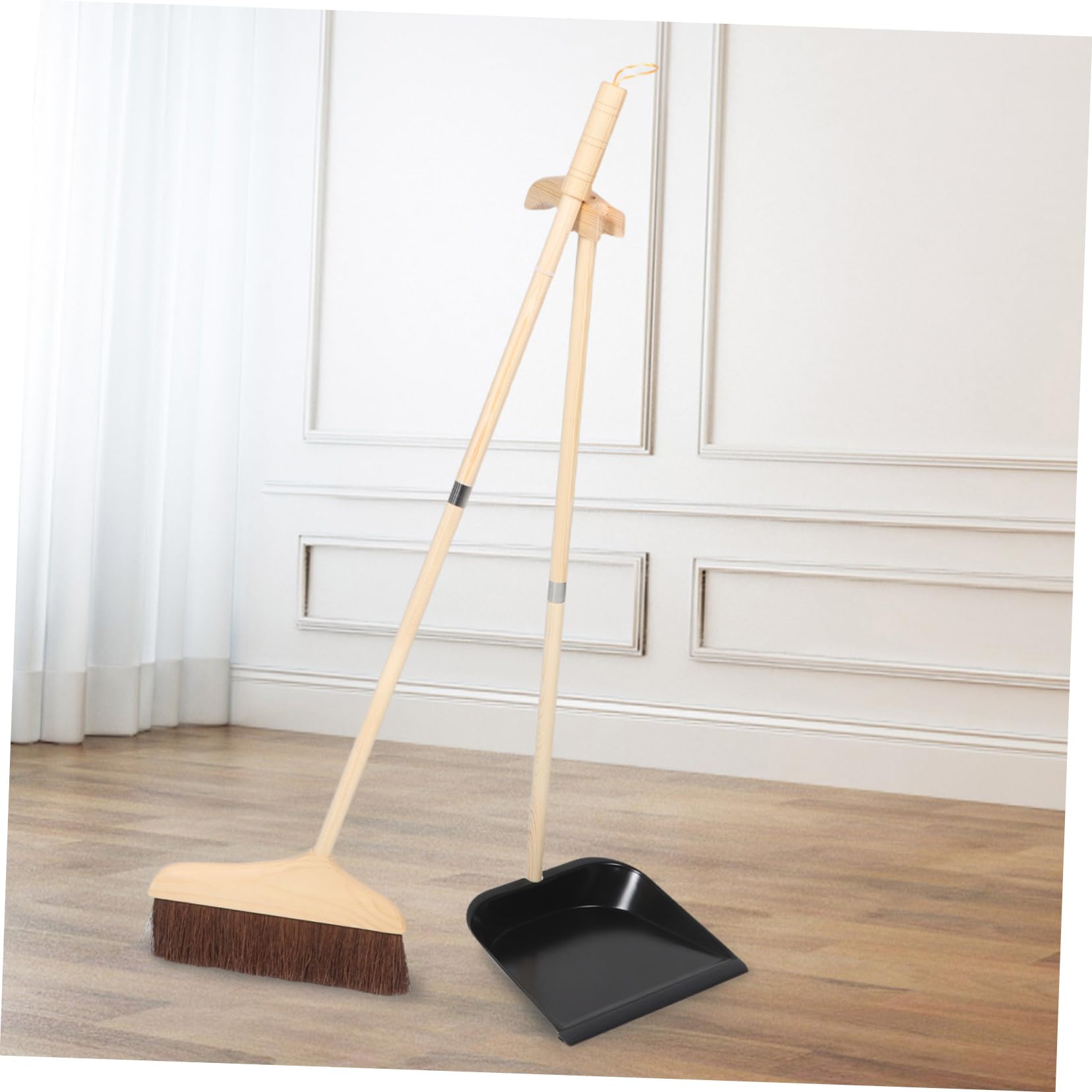 Juego de Escoba y Recogedor Desmontables Mango de Rosca de Madera | Negro, Hierro Resistente, para Salón y Limpieza Diaria del Hogar, Cepillo Suave para Suelo