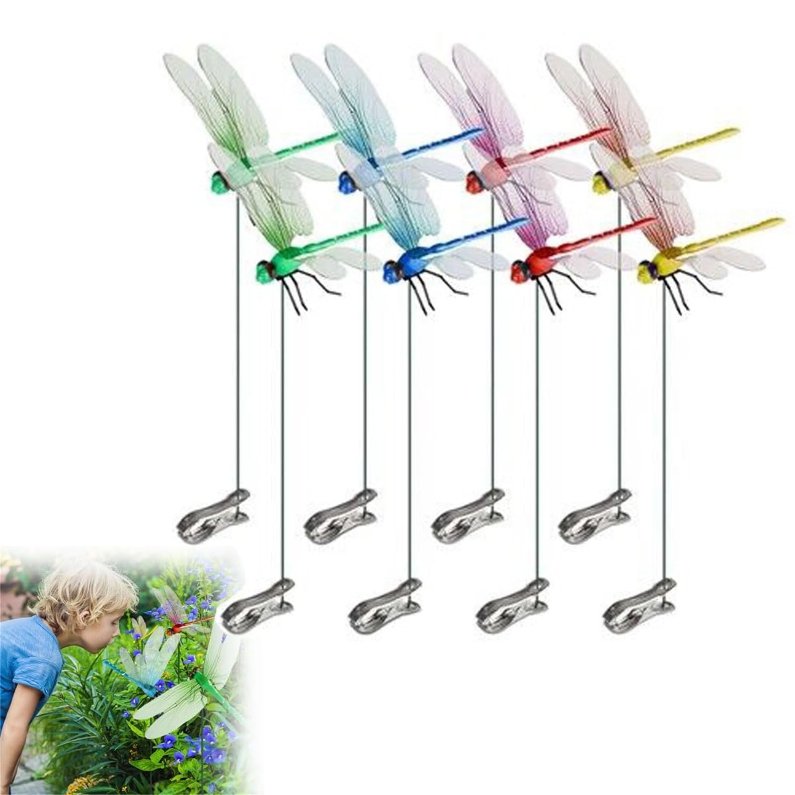 Outdoor Fake Dragonfly Clip, Dragon Fly Clips for Bugs Repellent, 3D Dragonfly Garden Stakes Decor, Insert Pole Clip, Removable Natural Waterproof Decoration for Garden, Patio, Balcony (8pcs)