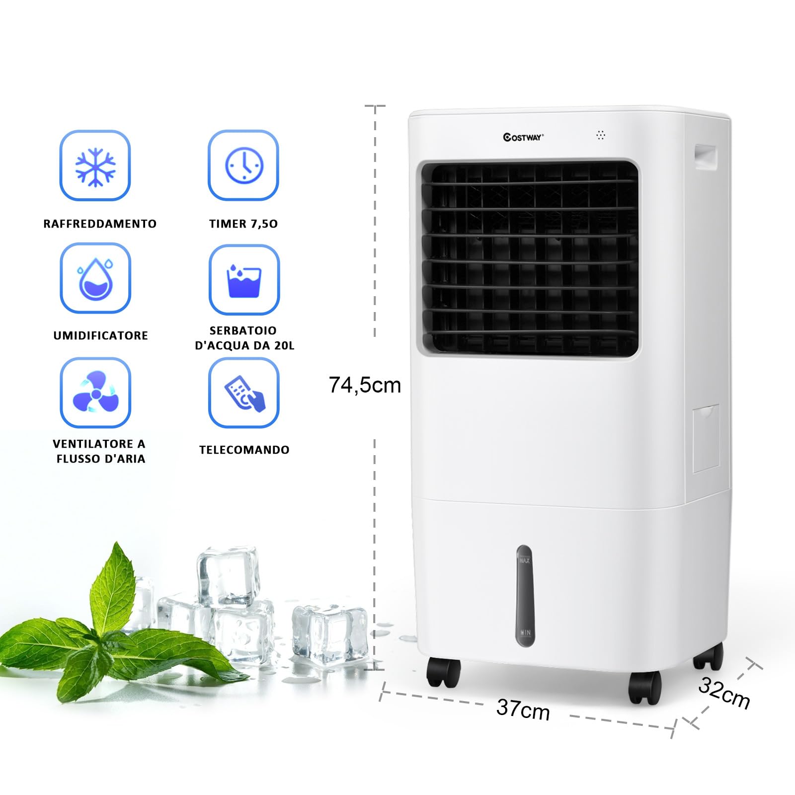 RELAX4LIFE Raffreddatore d'Aria Evaporativo 3 in 1, Serbatoio dell'Acqua 20L,Ventilatore, Umidificatore, 3 Modalità, 4 Velocità, Timer 7,5H, Telecomando, Adatto per Casa, Ufficio