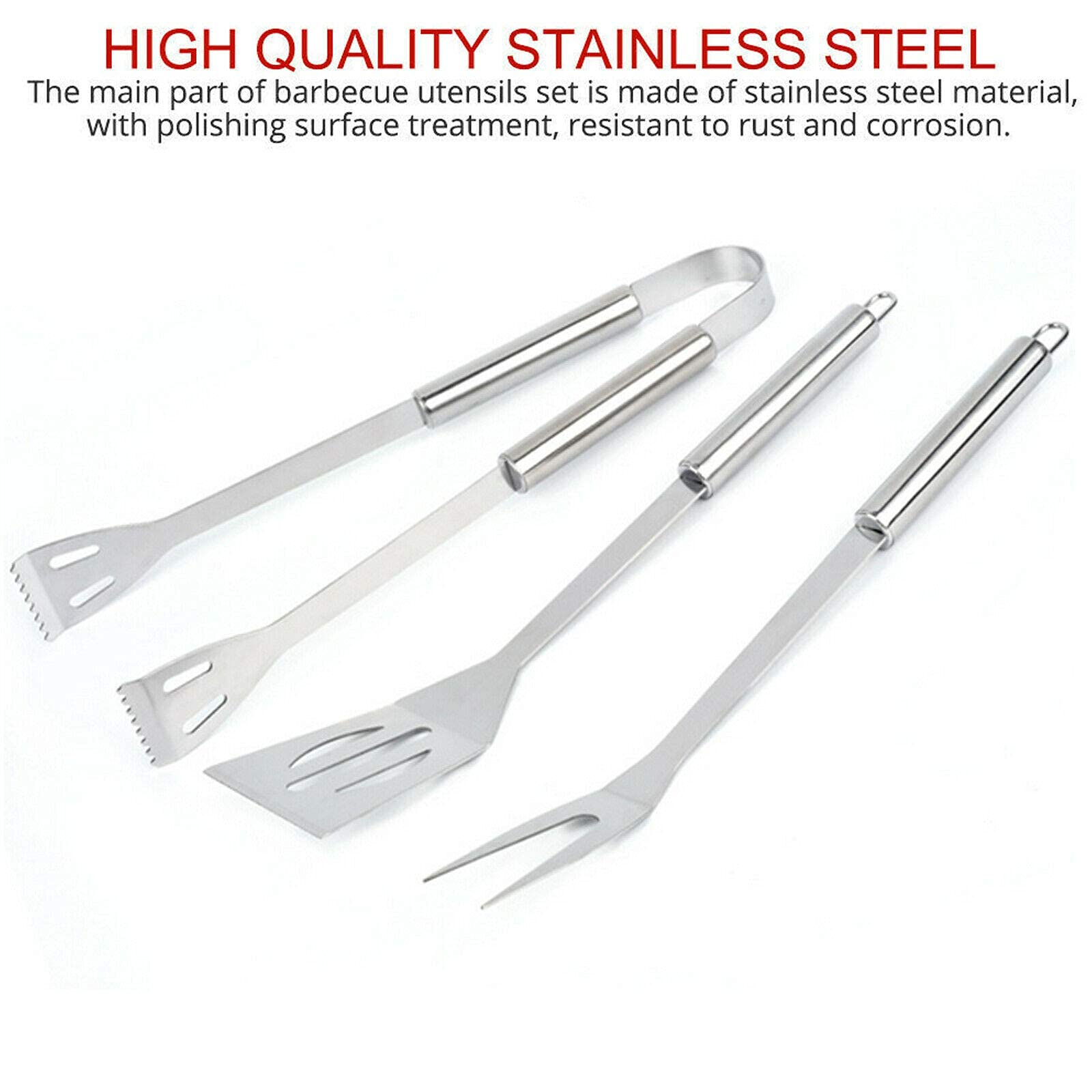 Juego de herramientas para barbacoa de acero inoxidable resistente, 3 piezas, juego de pinzas para barbacoa (espátula, tenedor, pinza) con estuche de almacenamiento portátil duradero, utensilios princ