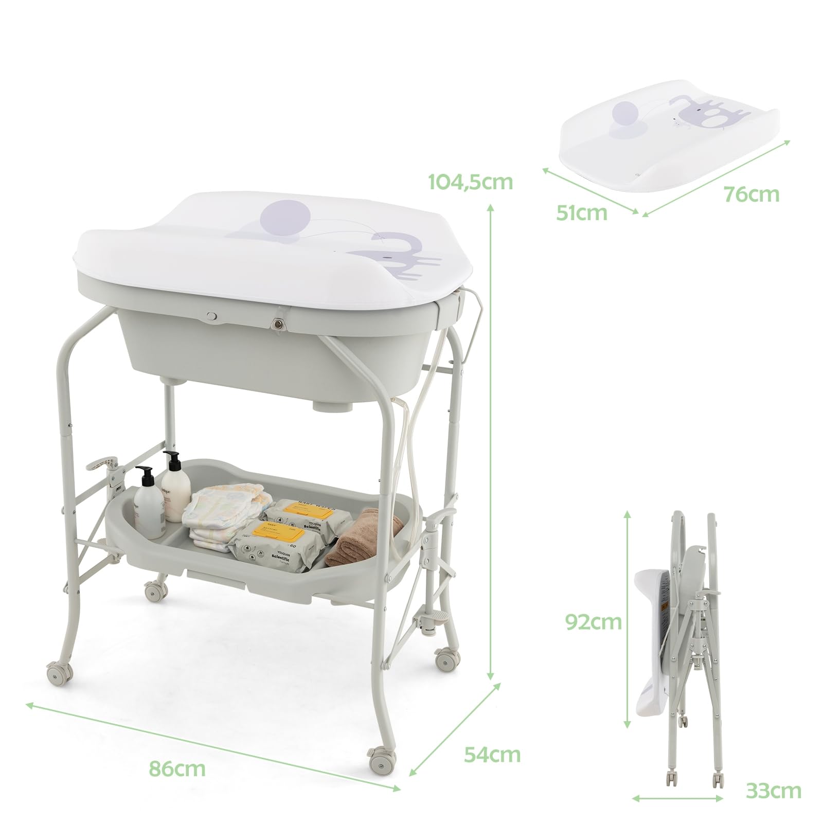 LIFEZEAL Wickeltisch mit Badewanne, 2 in 1 Flatbare Bade-Wickelkombination auf Räder, Badewannenaufsatz Wickelkommode mit offener Ablage, Babybadewanne mit Ständer Max. Belastbarkeit 35kg (Hellgrau)
