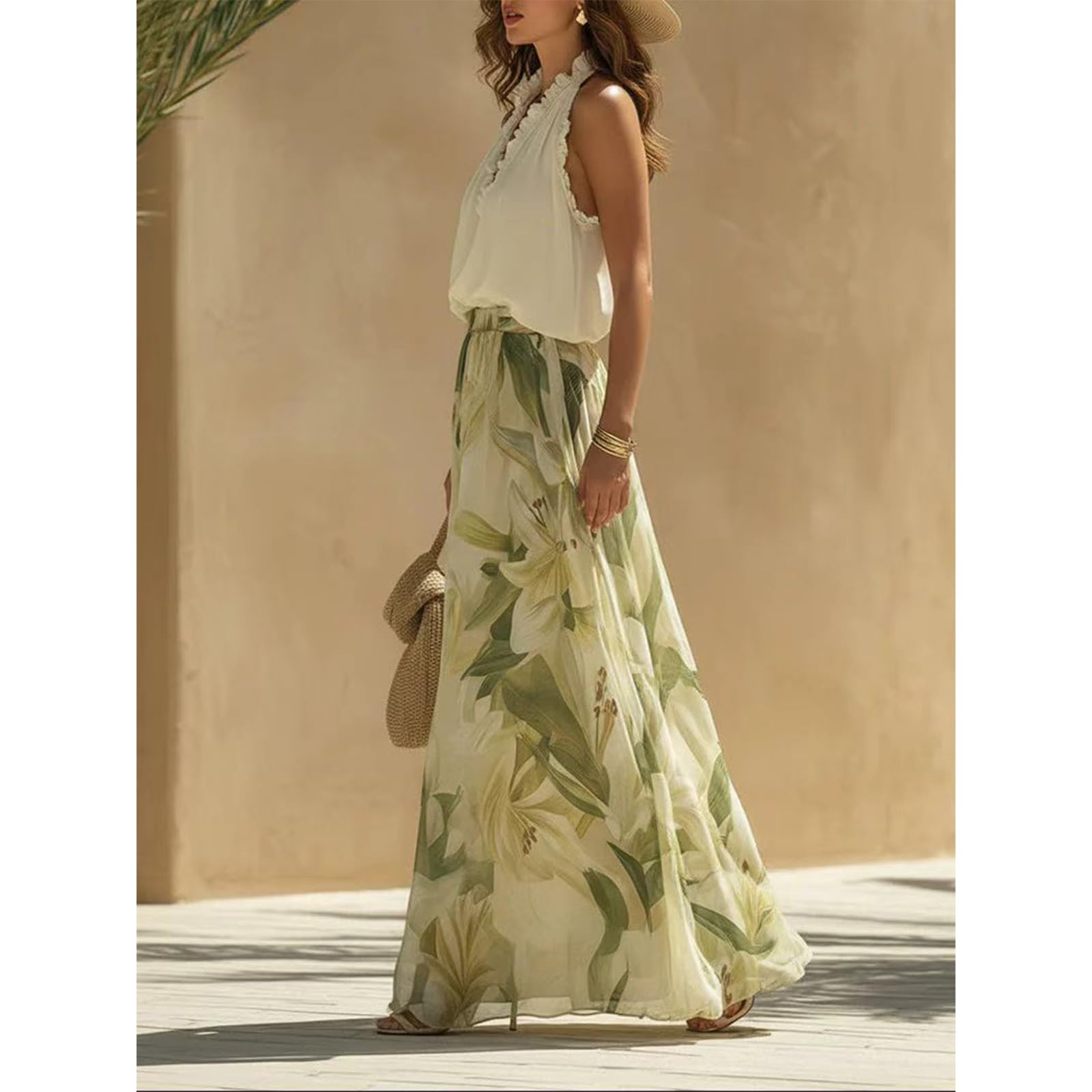 Tenue sexy 2 pièces pour femme, dos nu, col en V, volants, haut dos nu, imprimé floral, jambes larges, ensemble d'été décontracté pour les vacances