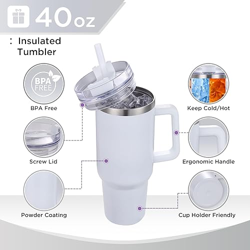 Miniatura 9 de Taza de viaje con aislamiento de acero inoxidable de 40 onzas, con asa, pajilla, bebidas calientes y frías, incluye cepillo adicional y taza de