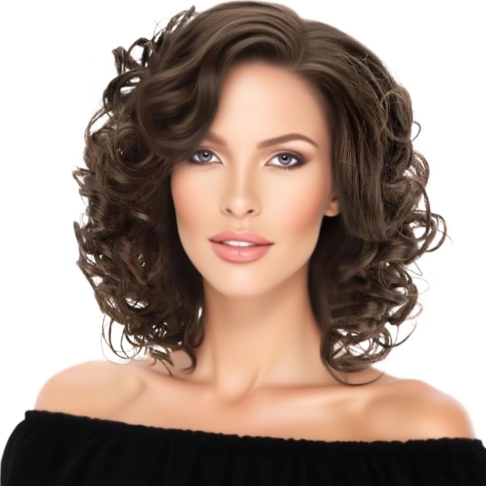 Krótka brązowa peruka dla kobiet, puszyste kręcone syntetyczne włosy, peruka z boku, mieszany blond, naturalne peruki na Halloween (Mix Brown)