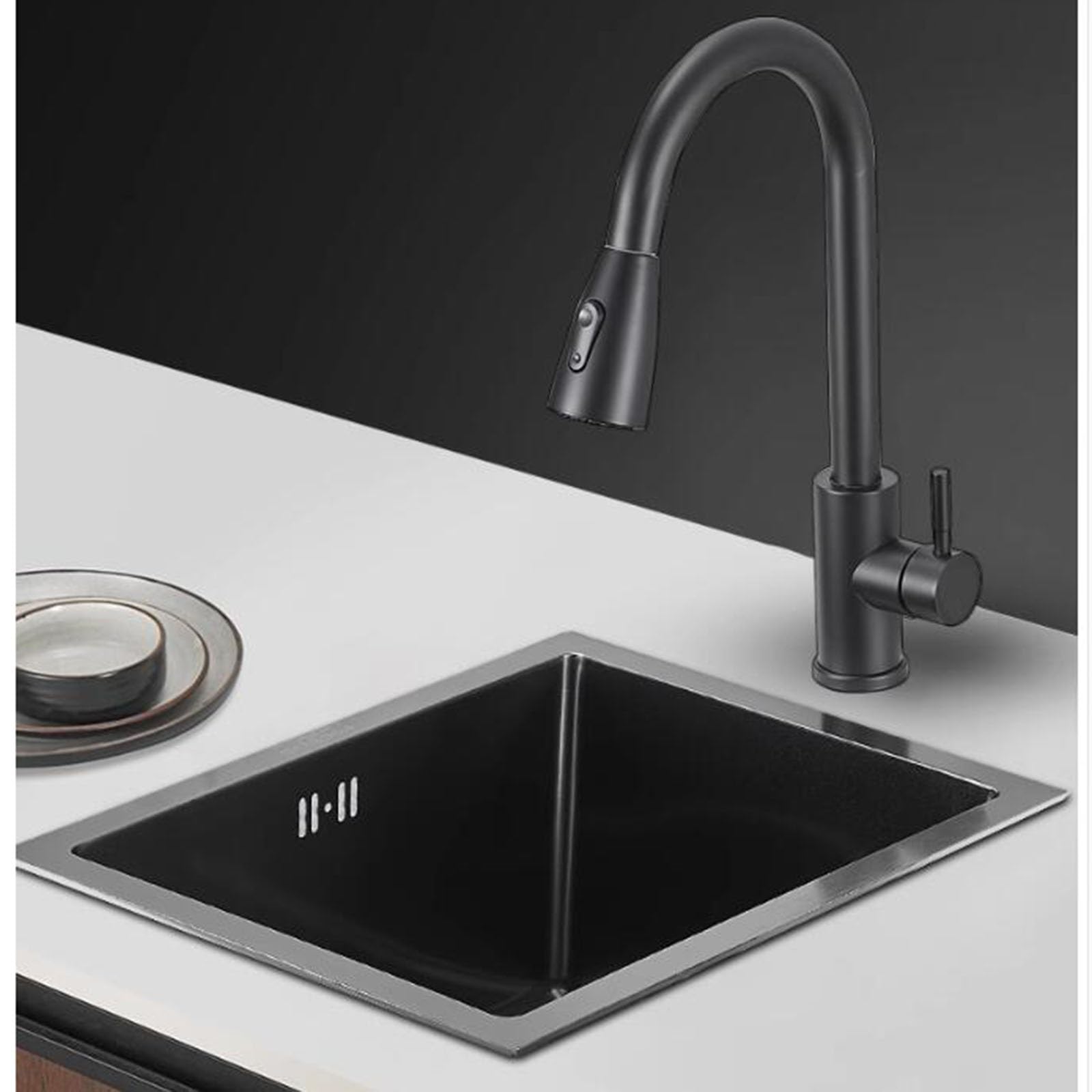 Lavello a sifone singolo con rubinetto estraibile per cucina e bagno, mini lavello per lavaggio a mano, lavello da bar per camper, piano di lavoro, lavello integrato, acciaio nero, 45 x 40 x