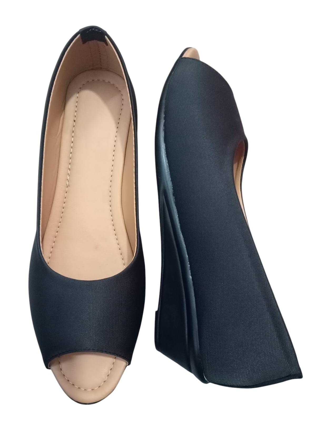 Women's Black Peep Toe Wedge Heels, Satin Finish-image-29