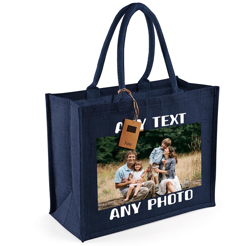 BANANA TEE'S Personalized Canvas Jute Shopping Bag – Customizable Tote with Your Name, Image, or Text – Reusable Grocery or Gift Bag – Stylish Natural Jute Handbag (Navy)