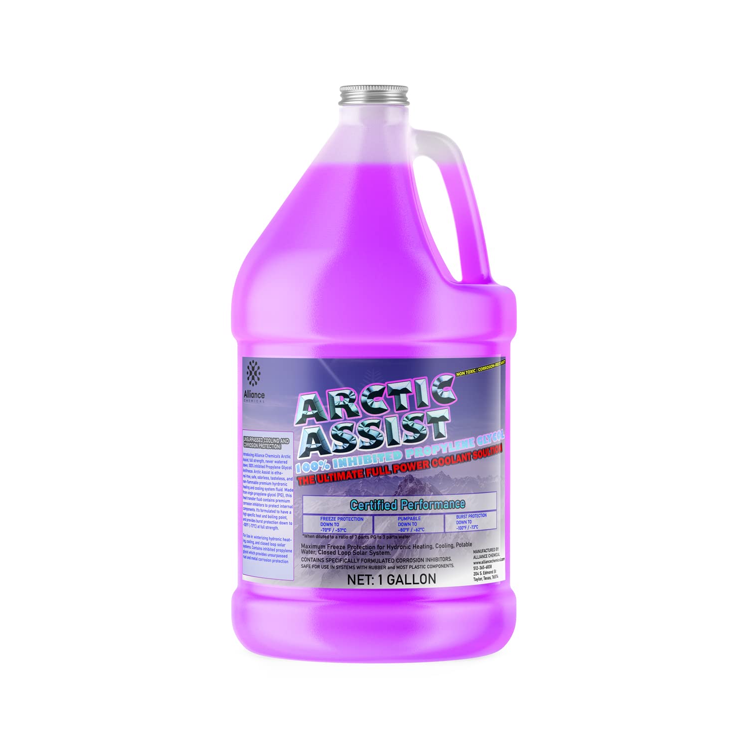 Arctic Assist - 1 Gallon - Anti-Freeze Solution for Heating & Cooling Systems - 100% Propylene Glycol with Rust and Corrosion Inhibitors - Alliance Chemical