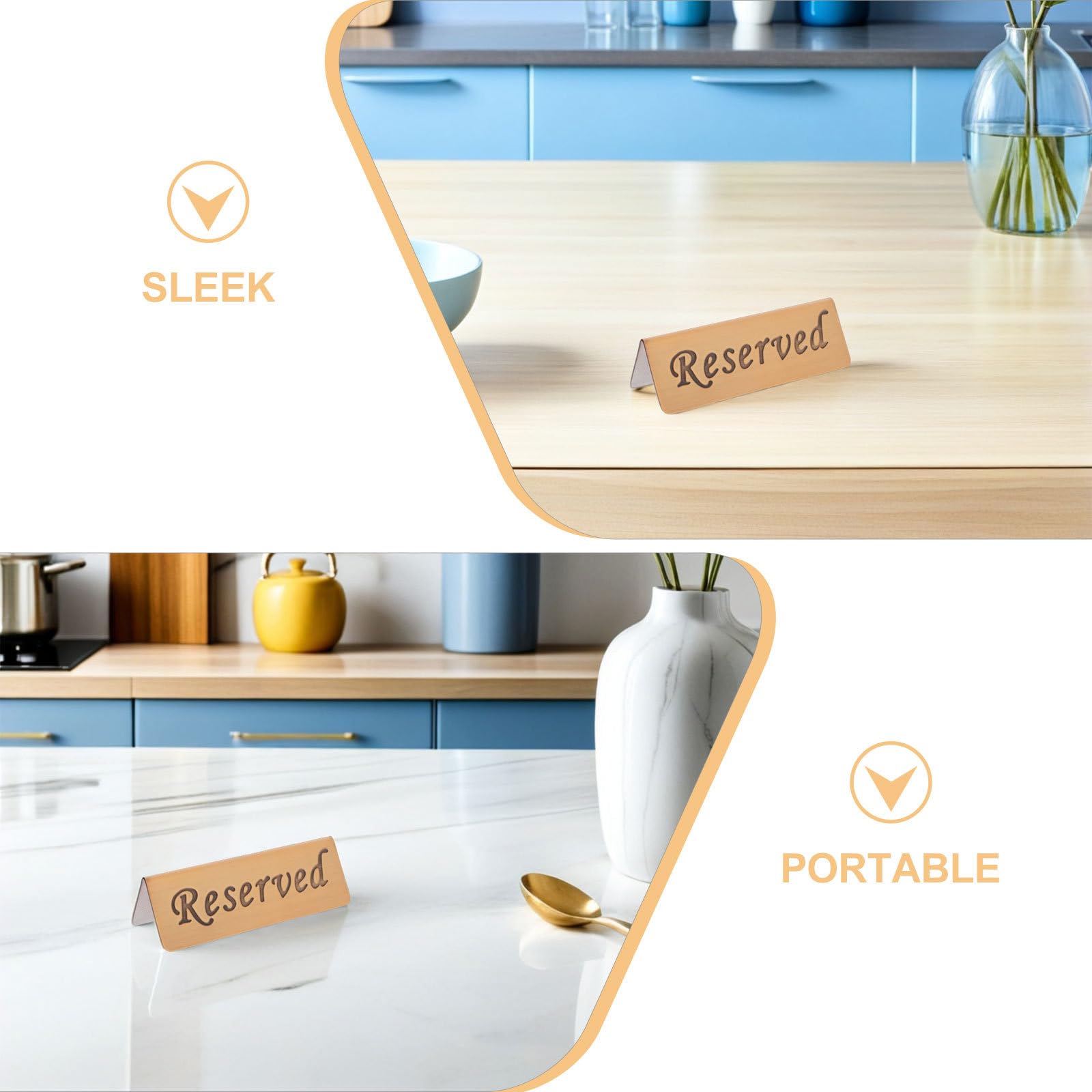 OUNONA 2 letreros de mesa reservada: Letreros de acero inoxidable para reservar asientos, tarjetas de mesa de doble cara para bodas y restaurantes.