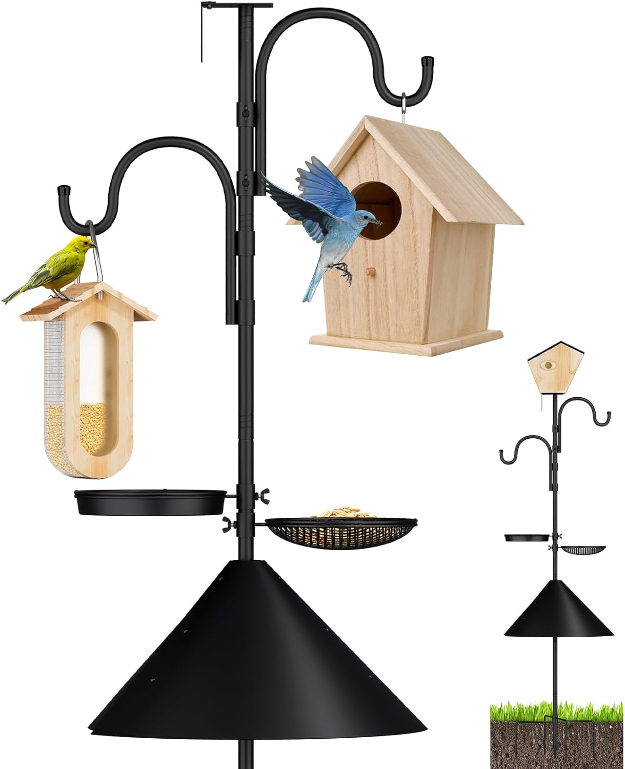 Bird Feeder Pole with Squirrel Proof Baffle,92 Inch Adjustable Double Shepherds Hook,Heavy Duty Hanging Bird House Pole Stand for Outdoors,Hummingbird Bird Bath Feeder Tray for Outside, Yard, Garden