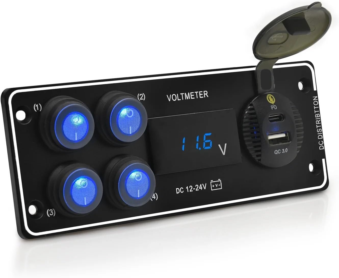 24V 12V Switch Panel 4 Buttons Car Light Toggle USB Charger 3.0 Power Adapter Auto Accessories for Boat Caravan RV Truck Trailer(Blue)