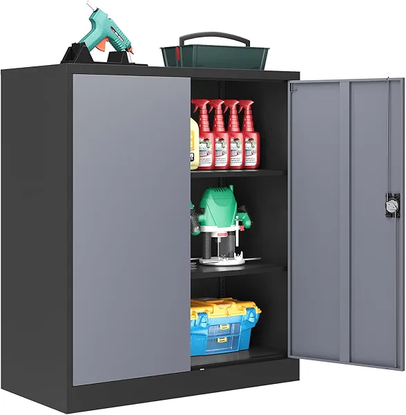LISSIMO Metal Storage Cabinet,Locking File Cabinet with Doors and Adjustbale Shelves,Tool Steel Cabinets for Garage,Home Office,School,Gym(Grey & Black)