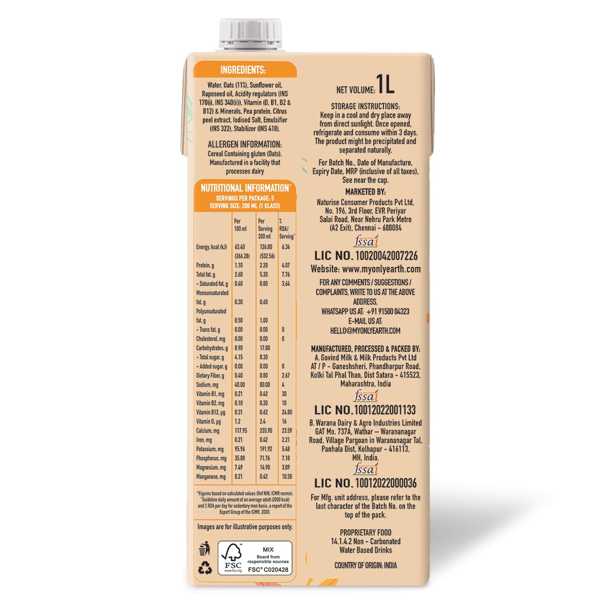 Only Earth Oats Drink Barista Edition | Unsweetened Drink | Lactose Free | Preservatives Free | Plant Based | Dairy Alternative | Source of Calcium | Source of Vitamin D, B1, B2 & B12 | 1 Litre - Image 2 thumbnail