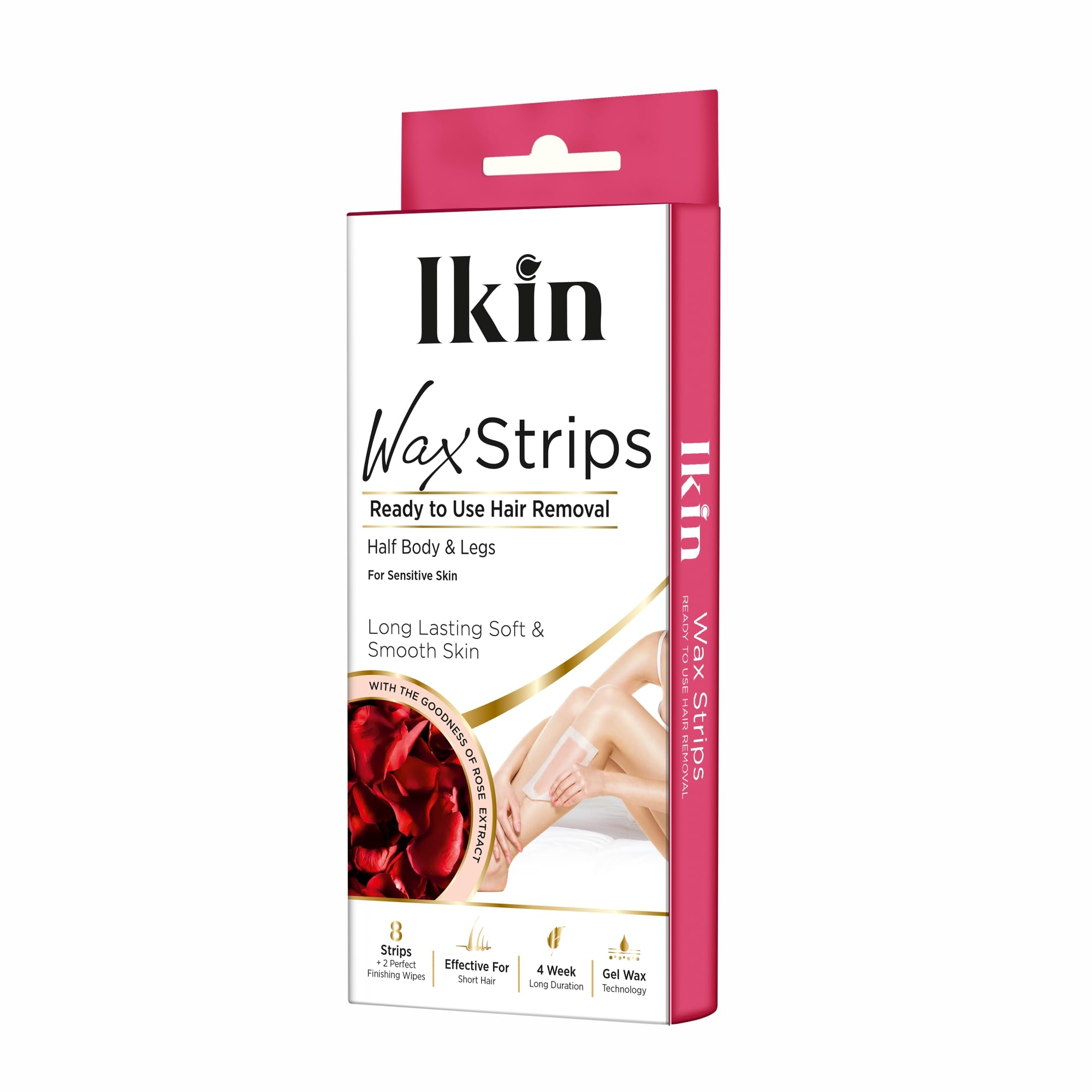 Ikin Instant Wax Strip with Rose Extract For Sensitive Skin - 8 strips | Long Lasting Soft & Smooth Skin | Cold Gel Wax Hair Removal | Upto 4 Weeks of Smoothness | With 2 Perfect Wet Wipes
