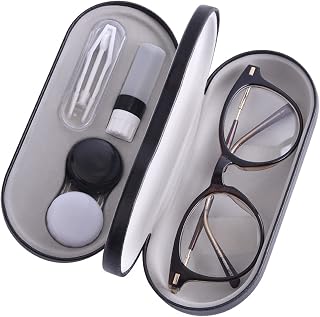 aoozleny 2 in 1 Double Eyeglass Case with Mirror Tweezers Remover, Portable Double Sided Contact Lens Box Holder Container Pouch