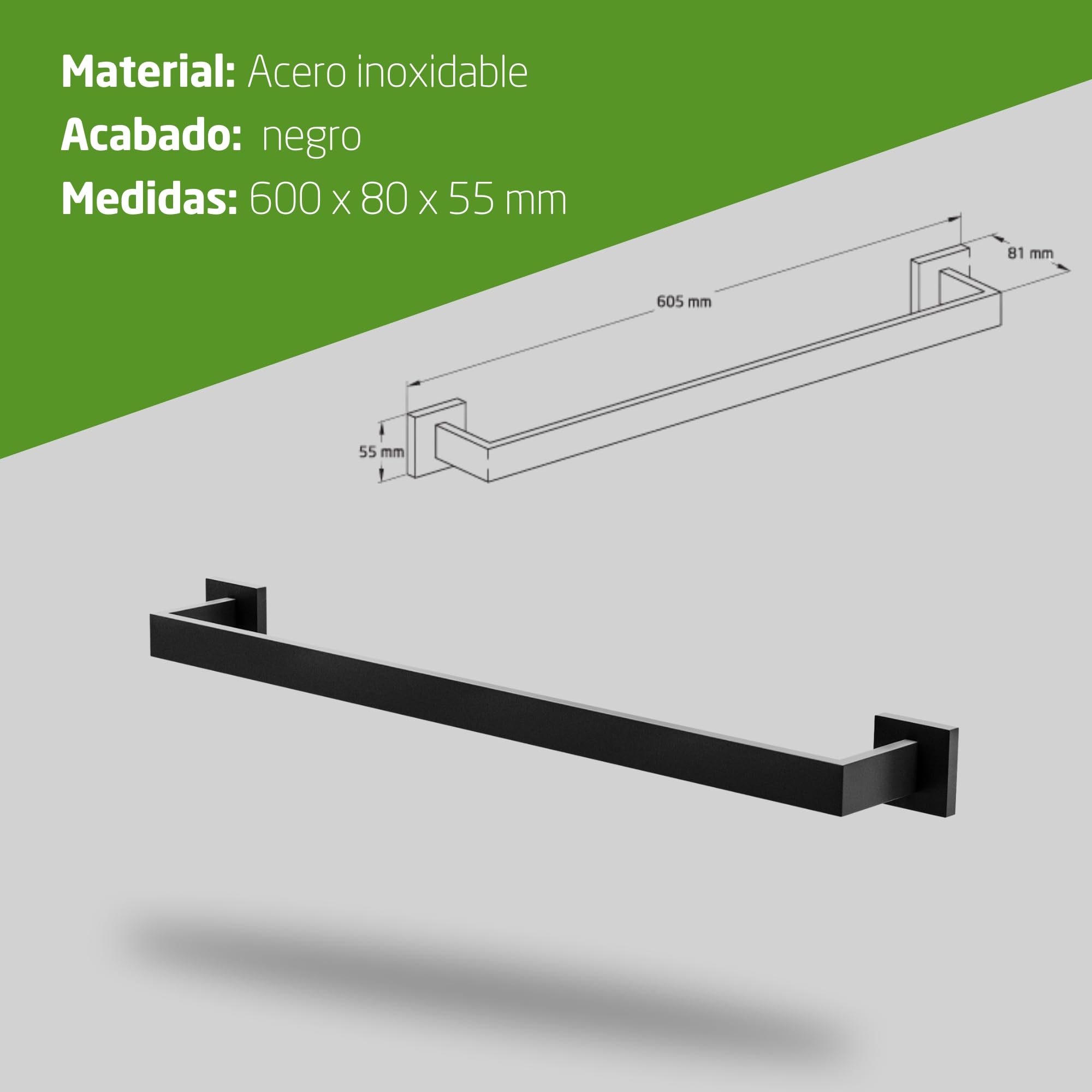 Amig - Toallero de baño Mod. Isla-1 - Soporte de Pared para Toallas con Tornillos incluidos - 600 x 80 x 55 mm - Acero Inoxidable - Negro Mate