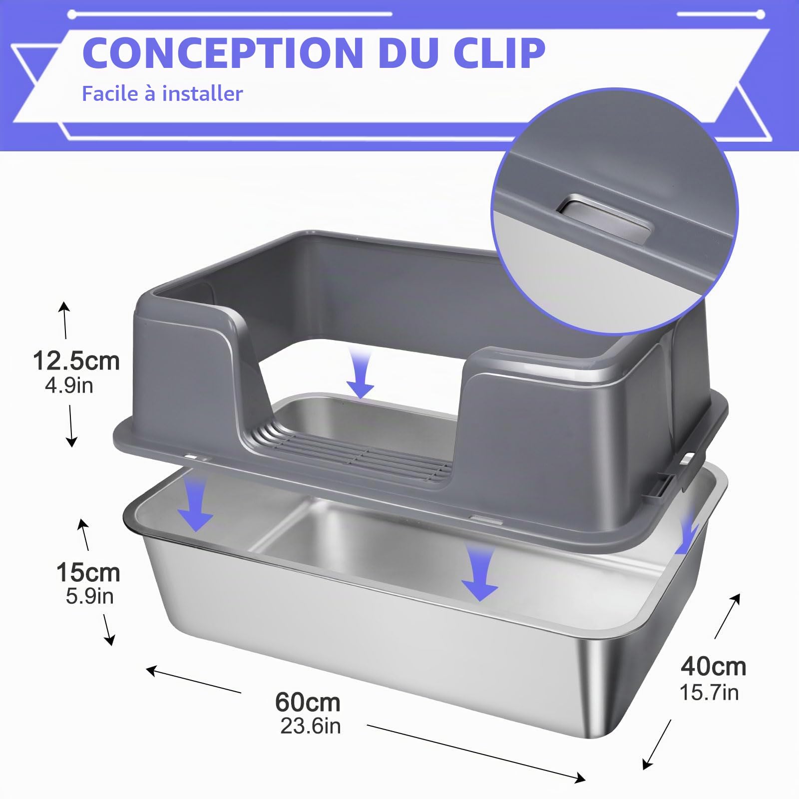 Bac à Litière en Acier Inoxydable, Masthome Grande Capacité, Anti-Renversement et Étanche, Litière Semi-fermée pour Chat avec Pelle et Tapis Inclus Design Moderne et Facile à Nettoyer