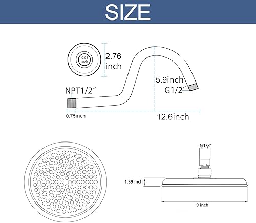 Miniatura 5 de Drettyer Cabezal de ducha de lluvia, cabezales de ducha vintage de 9 pulgadas con brazo de ducha curvado de extensión, cabezal de ducha redondo
