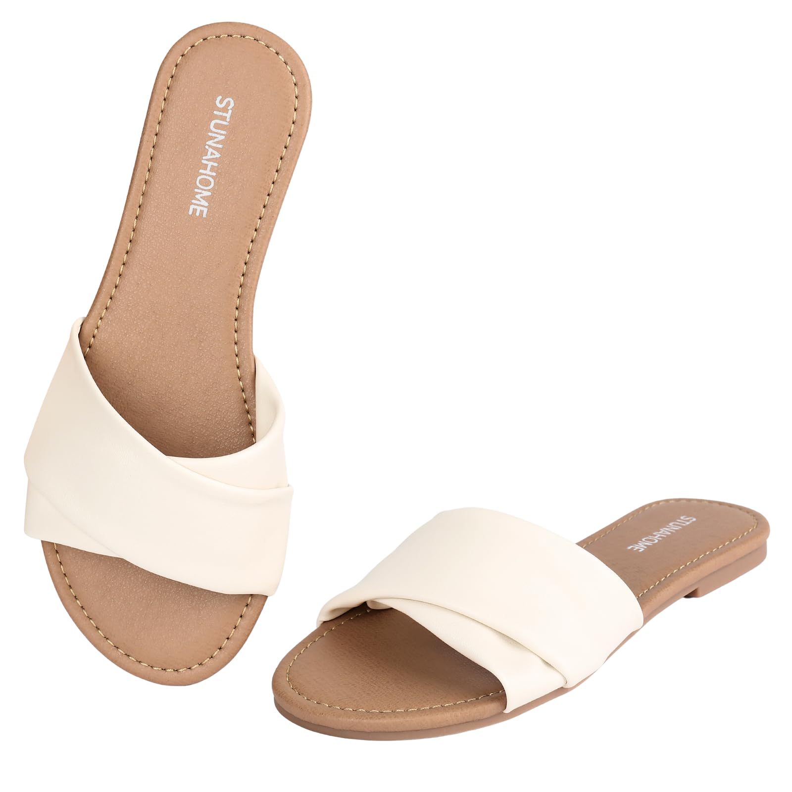 STUNAHOME Womens Flat Sandals Summer Slip On Slides Round Toe Leather Sandals Crisscross Slippers