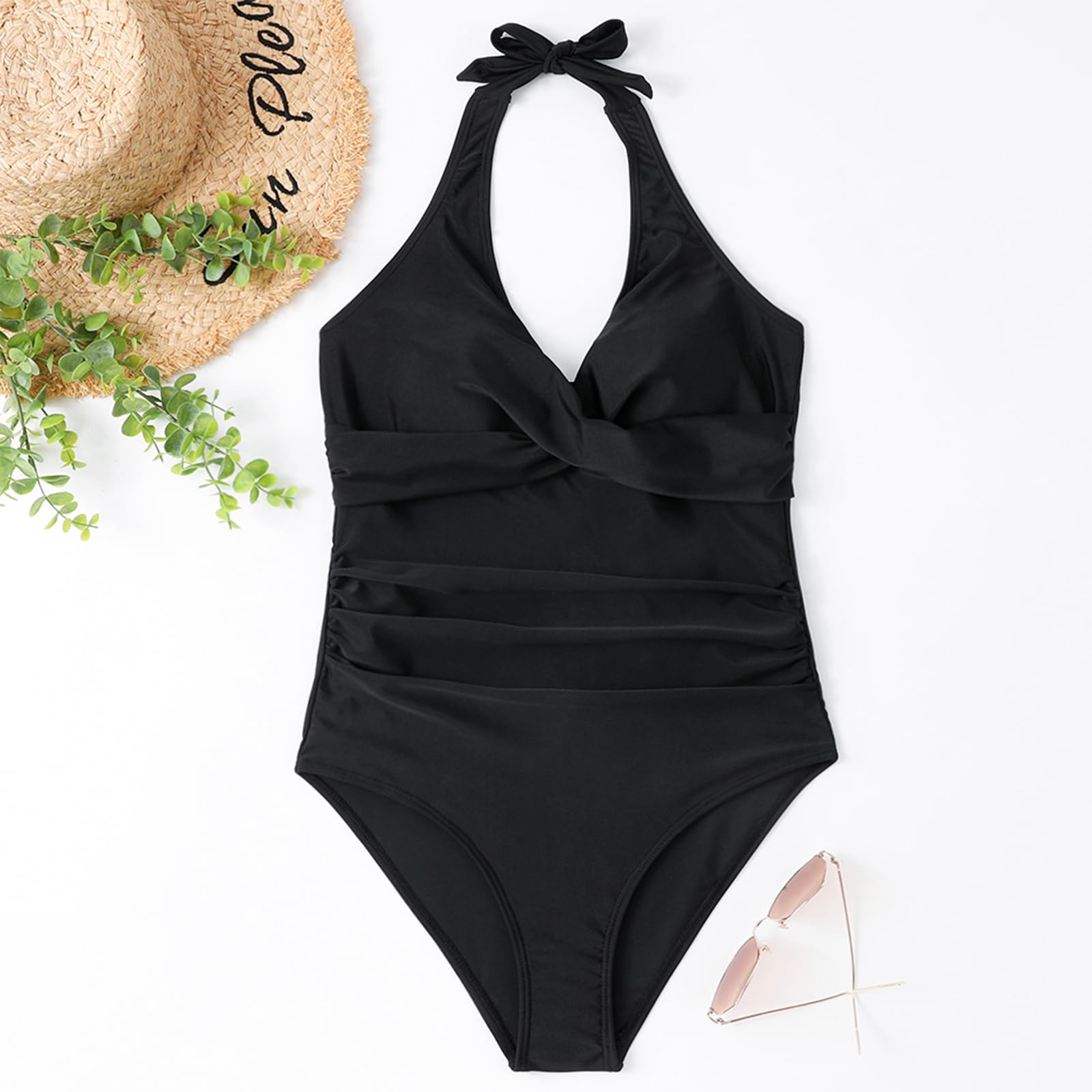 Mujer Traje de Baño de Una Pieza Control de Barriga Fruncido Bañador Halter Cuello en V Push Up Traje de baño Acolchado Monokinis
