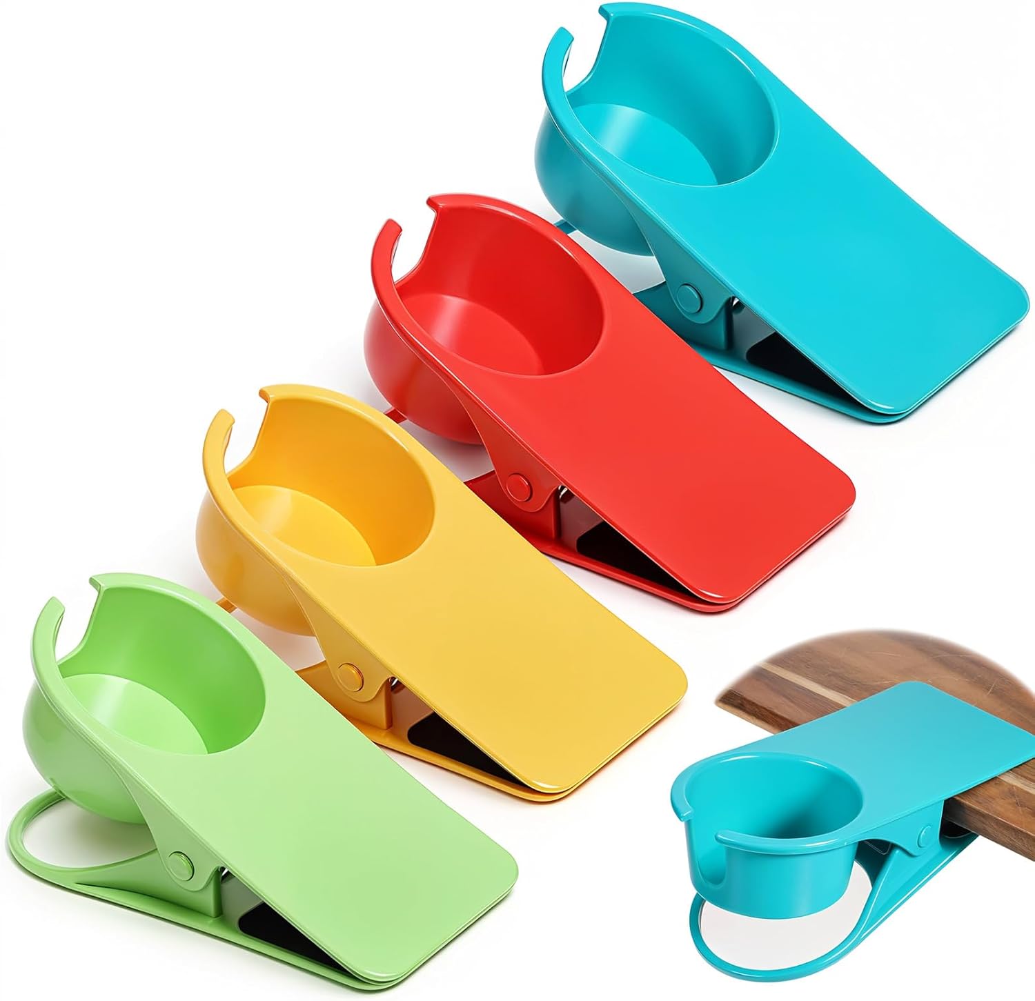 4 Pack Multicolor Drinking Cup Holder Clip with Side Hole, Desk Drink Holder for Water Drink Beverage Soda Coffee Mug Holder (Blue,Red, Green and Yellow)