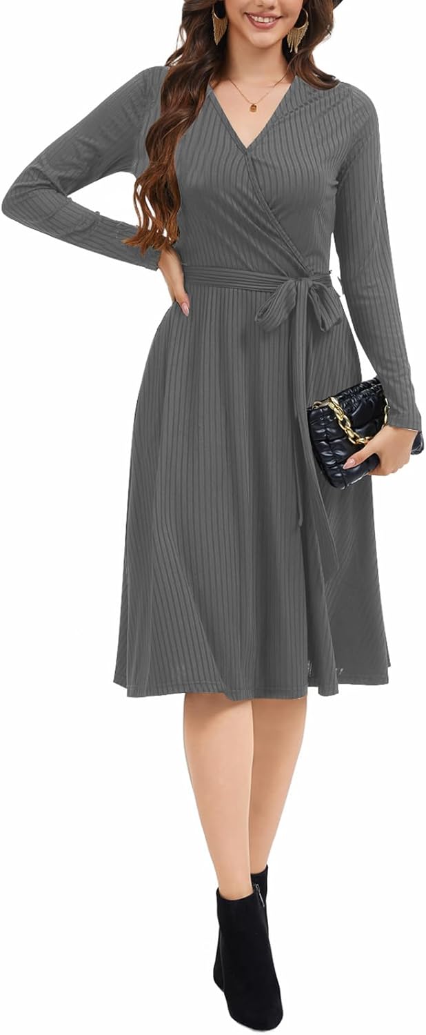 shengfan Women's V Neck Casual Long Sleeve Sweater Dress Wrap Work Wedding Dresses with Belt