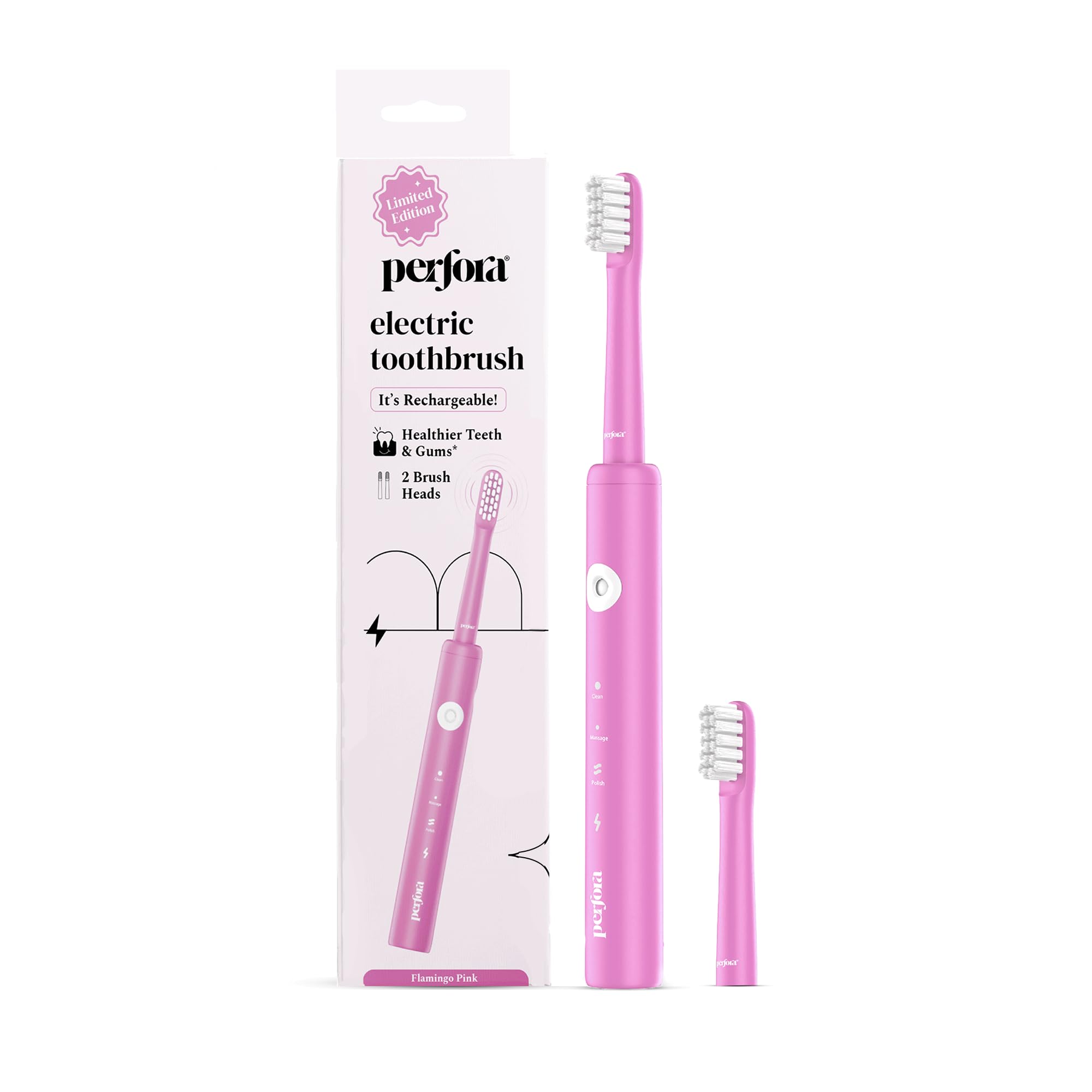 Perfora Rechargeable Electric Toothbrush | 2 Brush Head | 30,000 Vibrations | Super Soft Bristles | 3 Modes | 1 Year Warranty | Electric Brush, Electric Toothbrush For Men, Women & Kids | Flamingo Pink
