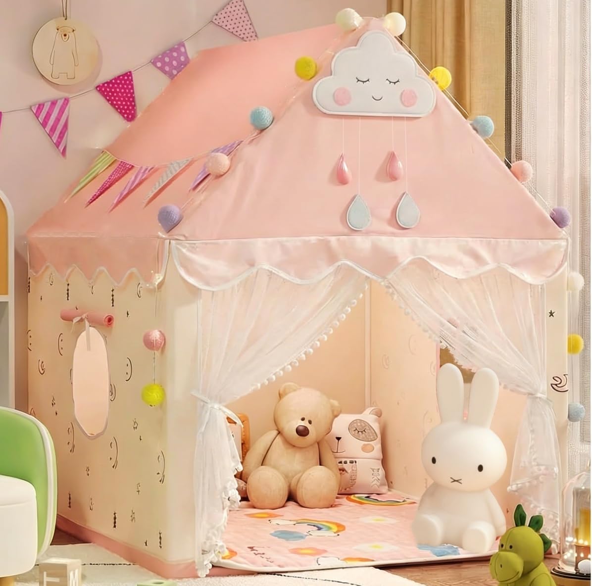 Kids Tent Play House with Lights, Kids Play Tent with Multi-Coloured Ball Lights & Tote Bag & Flags & Clouds, Indoor Outdoor Princess Tents Toddlers Playhouse for Girls Boys Birthday Gifts(Pink)