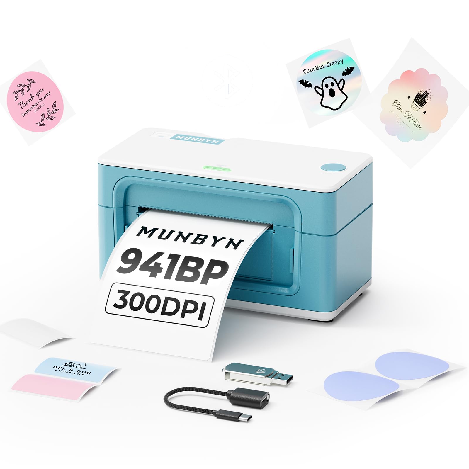 MUNBYN Bluetooth Thermal Label Printer 941BP, Wireless 300DPI 4x6 Shipping Label Printer for Small Business Compatible with Windows, Mac, iPhone,