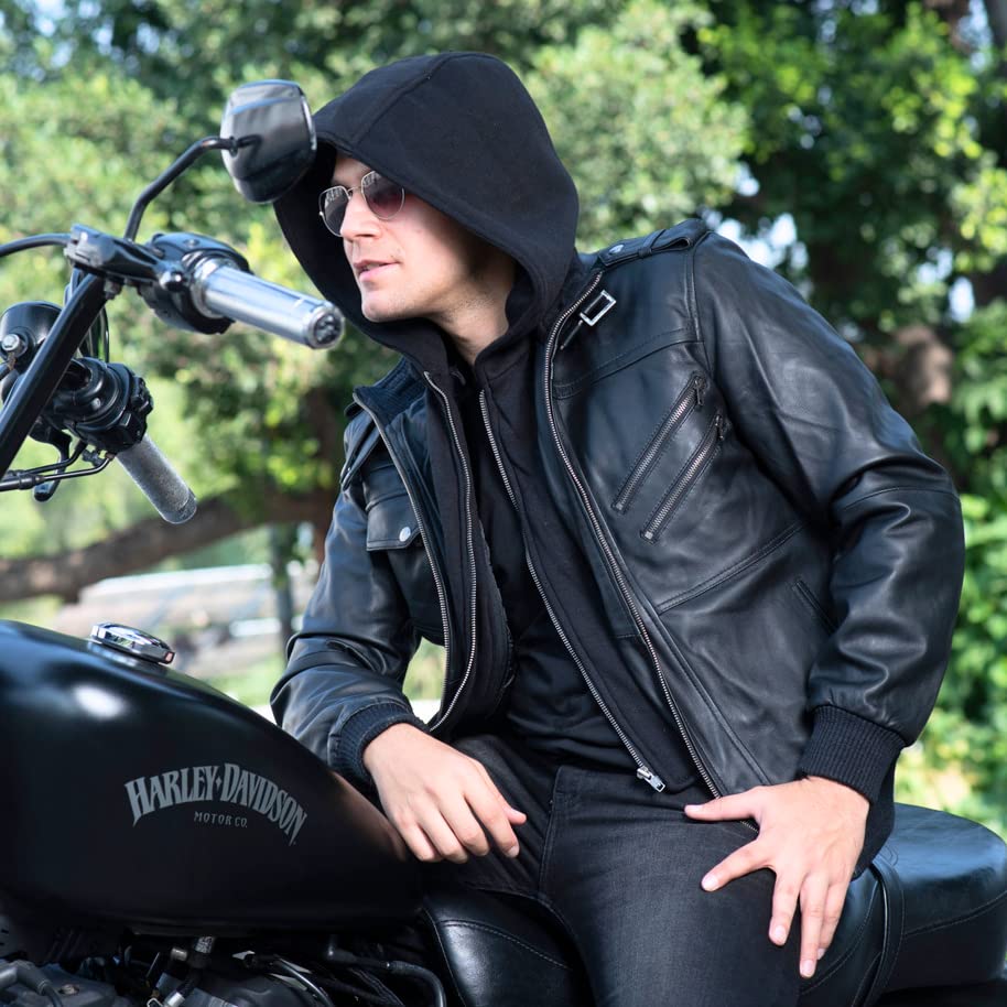 Lambskin Leather Motorcycle Jacket for Men - Genuine Leather Bomber Jacket with Removable Hood3
