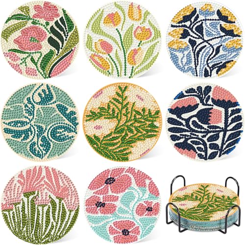 8 Pcs Diamond Art Coasters Flowers Flowers Diamond Painting Coasters Kit with Holder 5D Gem Art Kit Easy Crafts Non Slip Coaster for Home Decor Gift