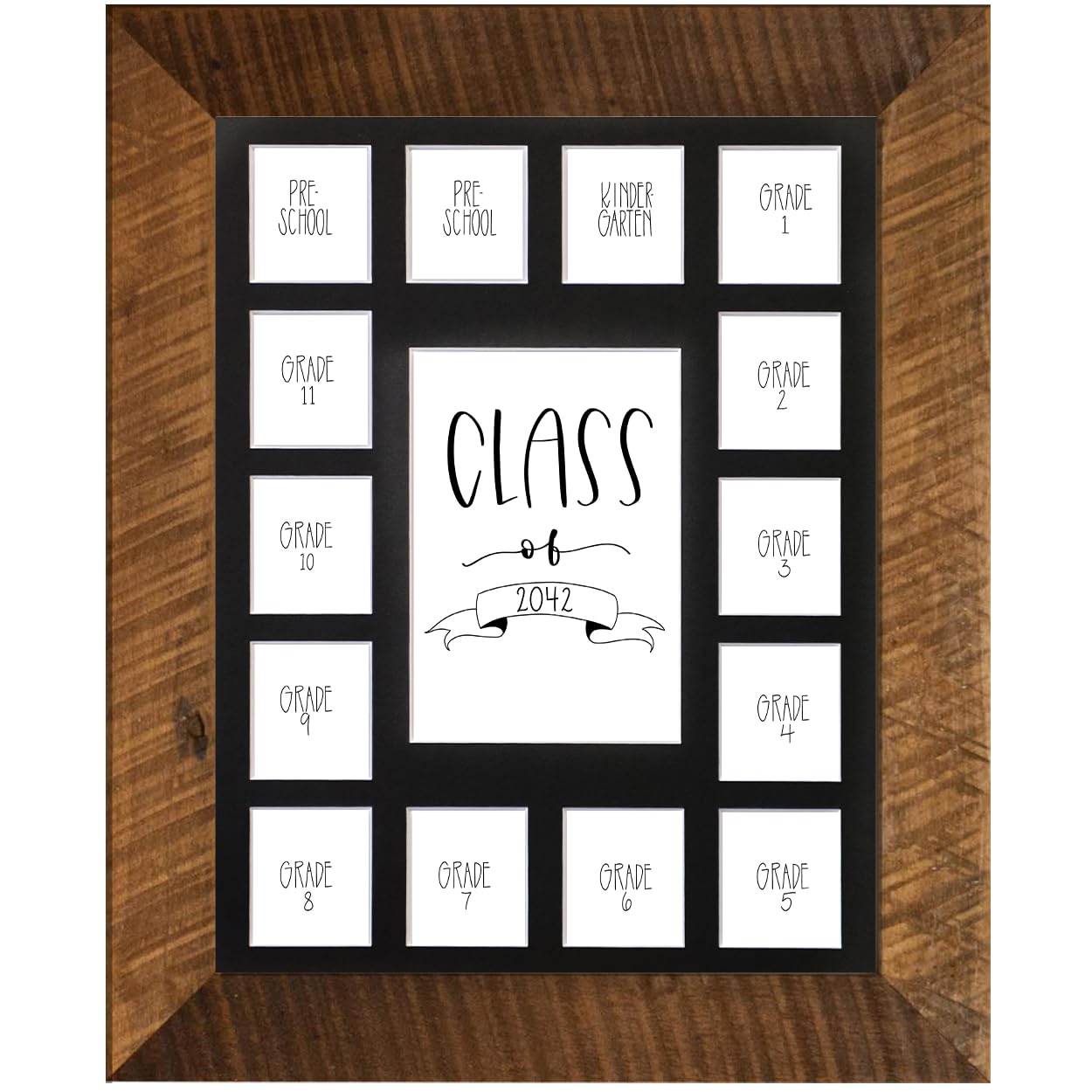 Rustic Red Door Co. School Years Reclaimed Wood Picture Frame with Mat - 11x14 Wooden Framed 15 Photo Collage Mat Pre-School &amp; Kindergarten to 12th Grade High School Graduation (Class of 2042, Black)