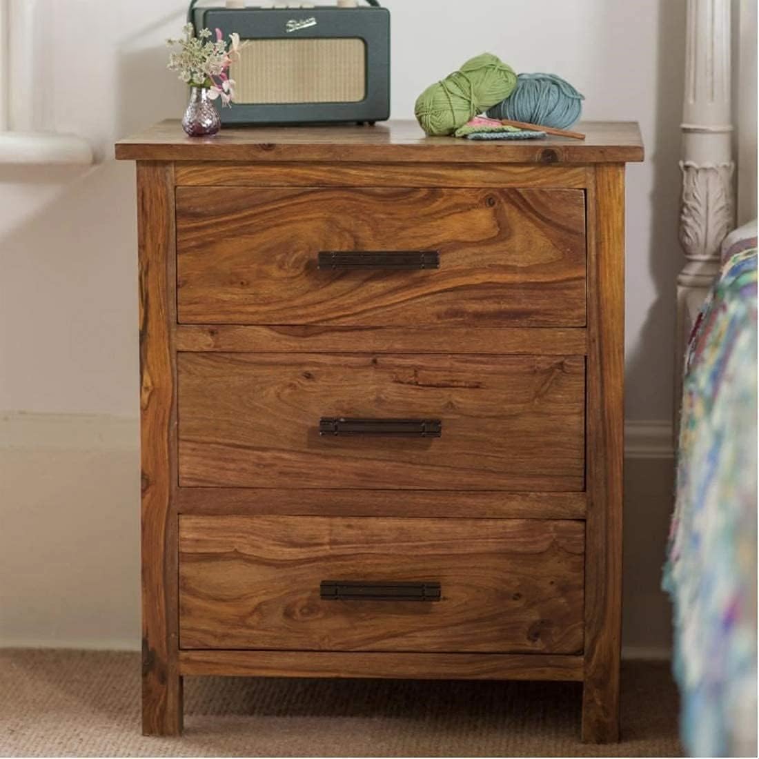 HARISHU HANDICRAFT Wooden Bedside Table for Bedroom | Side Table with 3 Drawers Storage for Living Room | Pure Sheesham Wood, Honey Finish-image-7