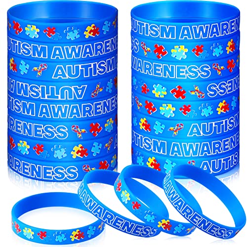 MTLEE 96 Pack Autism Bracelet Colorful Puzzle Pieces Ribbons Motivational Rubber Wristbands Autism Awareness Silicone Bracelets for Men Women Party Favor Gift Supplies Birthday