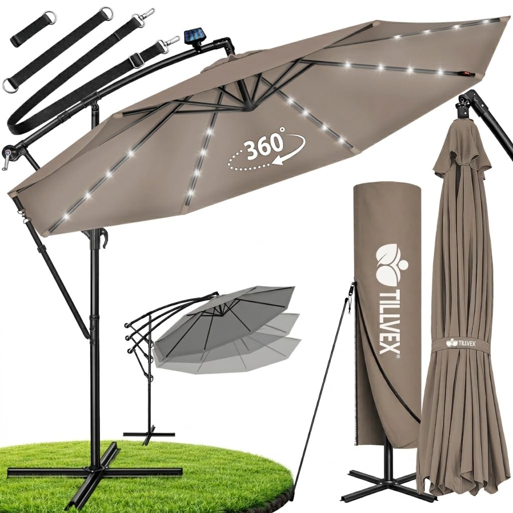 tillvex Alu Ampelschirm + Abdeckung LED Solar Ø 300 cm mit Kurbel, Abdeckung + Ständer | Sonnenschirm mit Windschutz | Gartenschirm UV-Schutz Aluminium | Kurbelschirm Marktschirm wasserdicht