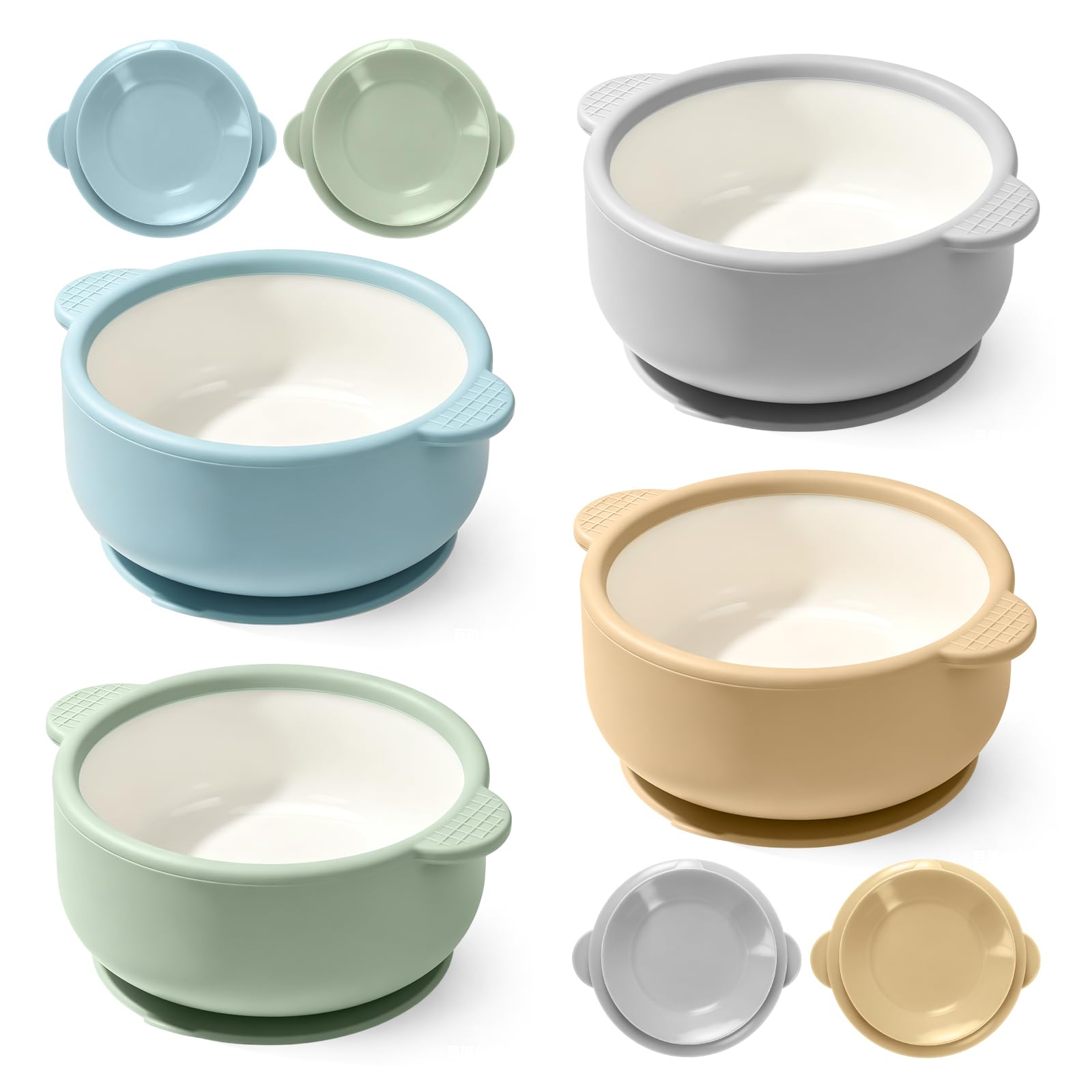 MR.TIMELAG Baby Ceramic Suction Weaning Bowl Set of 4, Non-Slip Silicone Outer Toddler Feeding Bowls with Handles, BPA Free, Microwave & Dishwasher Safe Kids Eating Tableware