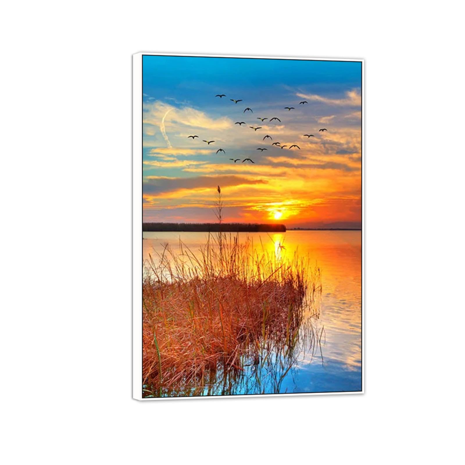 SDYSKKUG Landschaftsbilder. Wolken Sonnenuntergang Meer Gras. Moderne Bild Druck auf Leinwand. Weiß Rahmen Wandbilder für Wohnzimmer Wanddekoration 90x60cm