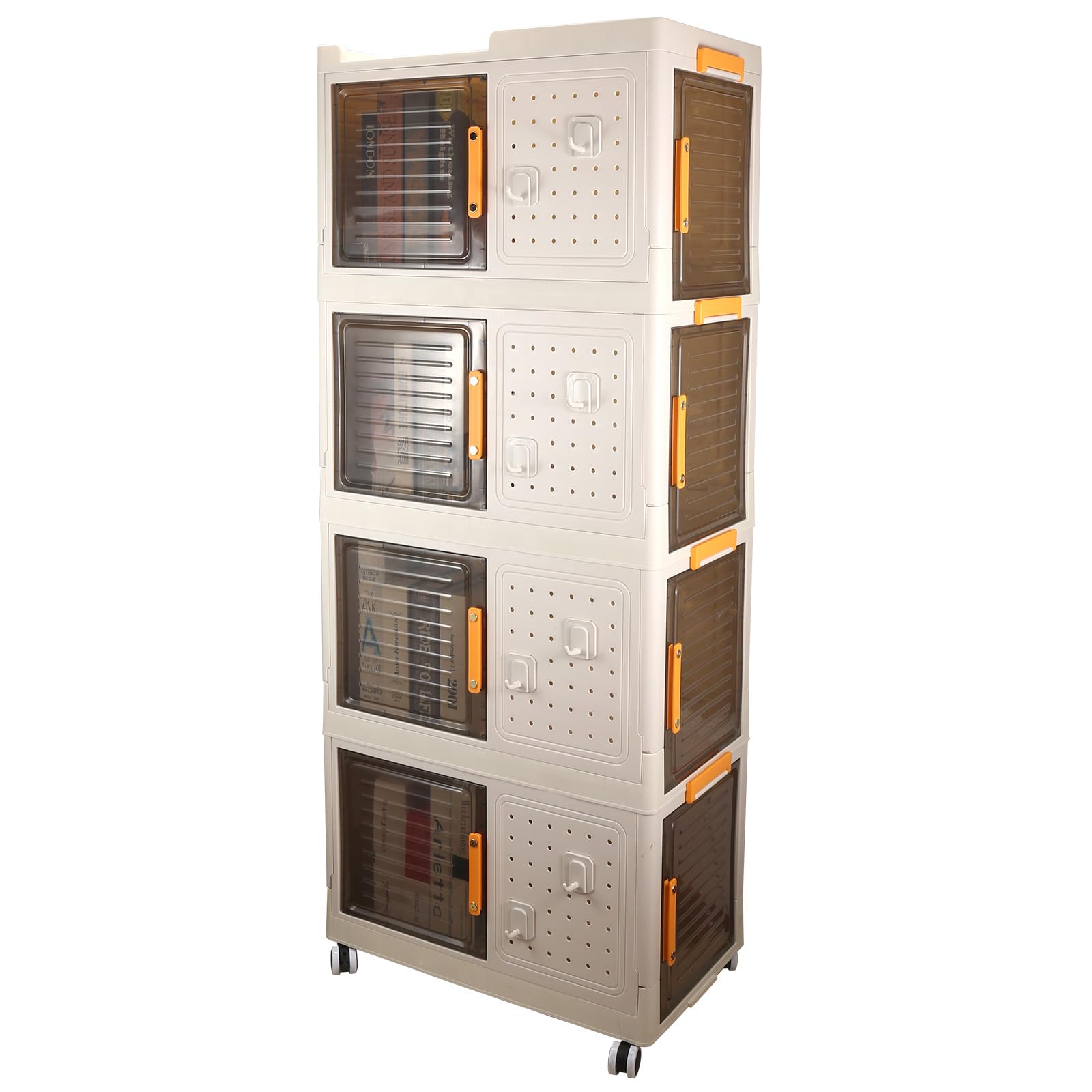 Collapsible Plastic Storage bin with Doors, pegboard, Hooks, and Wheels, Easy to Move, Suitable for Living Room, Bedroom, Laundry Room, and Small Spaces