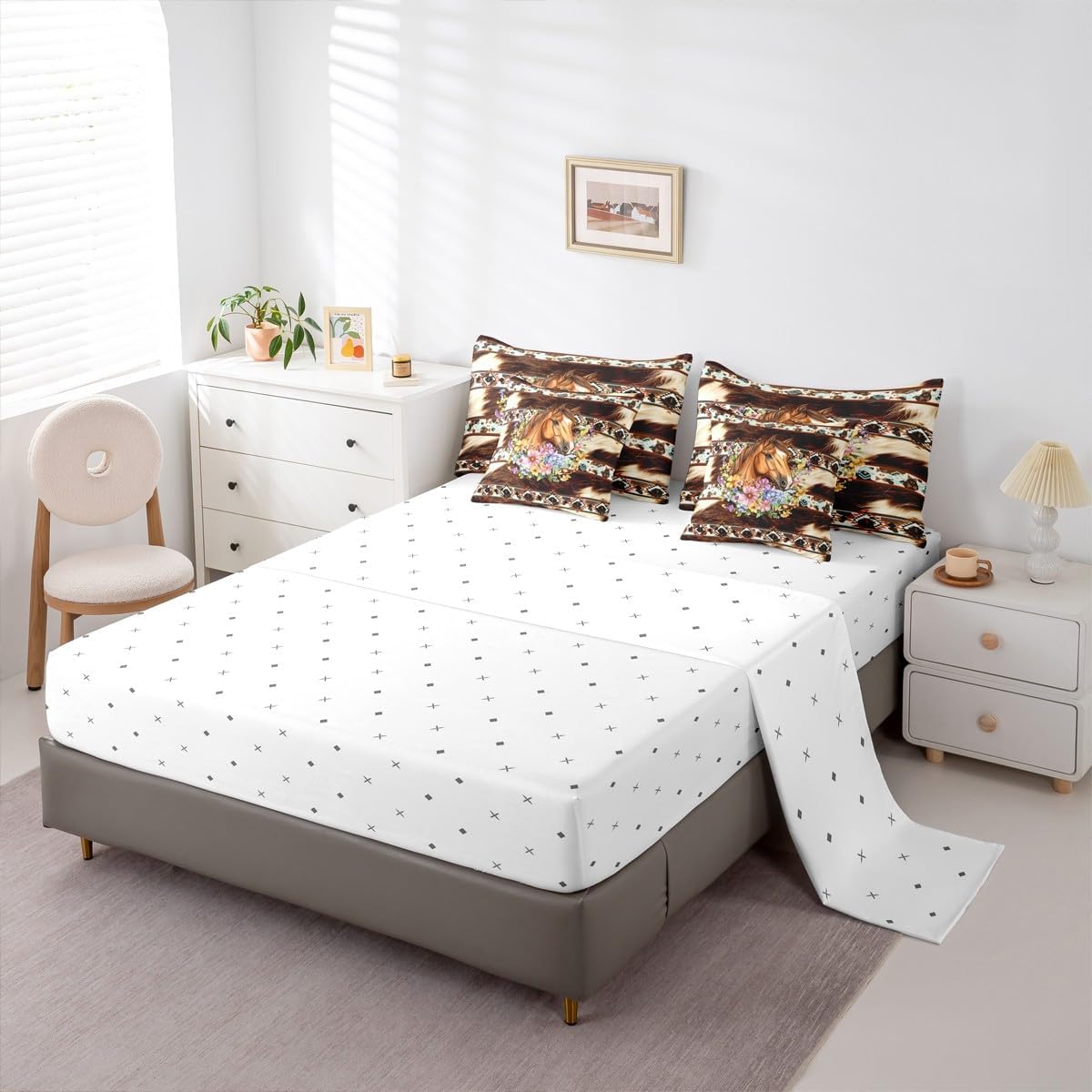 Feelyou Horse Comforter Set Queen Size 7 Pieces Western Aztec Bedding Set Boho Rustic Farmhouse Bed in a Bag with Comforter, Sheets, Pillowcases, Cushion Covers Cowhide Cow Print Retro Fur Quilted