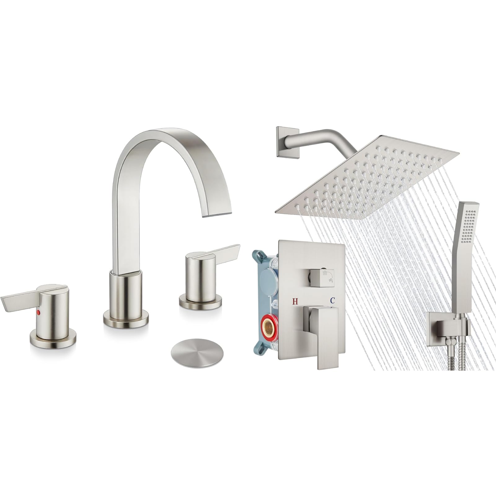 Sxithgkdw Brushed Nickel Morden Widespread Bathroom Faucet 3 Holes 2 Handles 8 Inch Vanity Faucet With 8 Inch Brushed Nickel Wall Mount Rain Shower System Square Shower Faucet Set