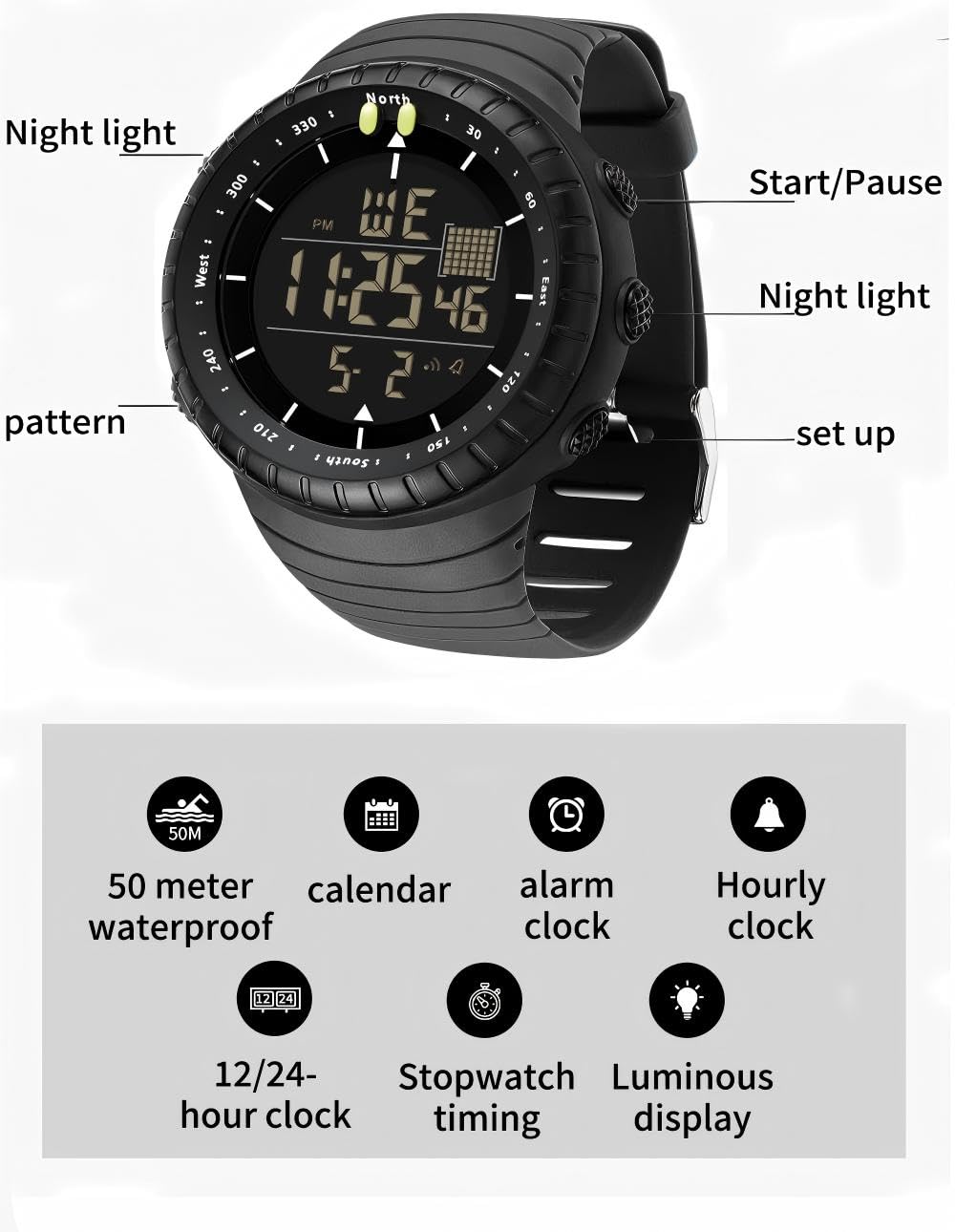 Reloj deportivo digital para hombre, reloj táctico militar impermeable con retroiluminación LED, relojes para hombres, Negro -, Digital 6