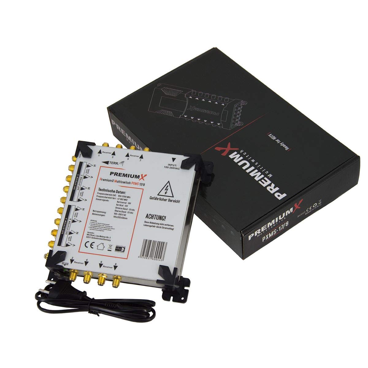 Premium X Multischalter Set 17/8 Multiswitch 48x F-Stecker, Satverteiler 4 SAT für 8 Teilnehmer