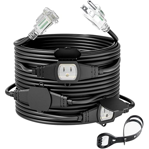 25FT 14 Gauge Outdoor Power Extension Cord,Four Outlet Cable.Multiple Evenly-Spaced Plug Ideal for Landscaping Light,Stage Backline,Holiday Decoration and Christmas,ETL Listed Cord Splitter
