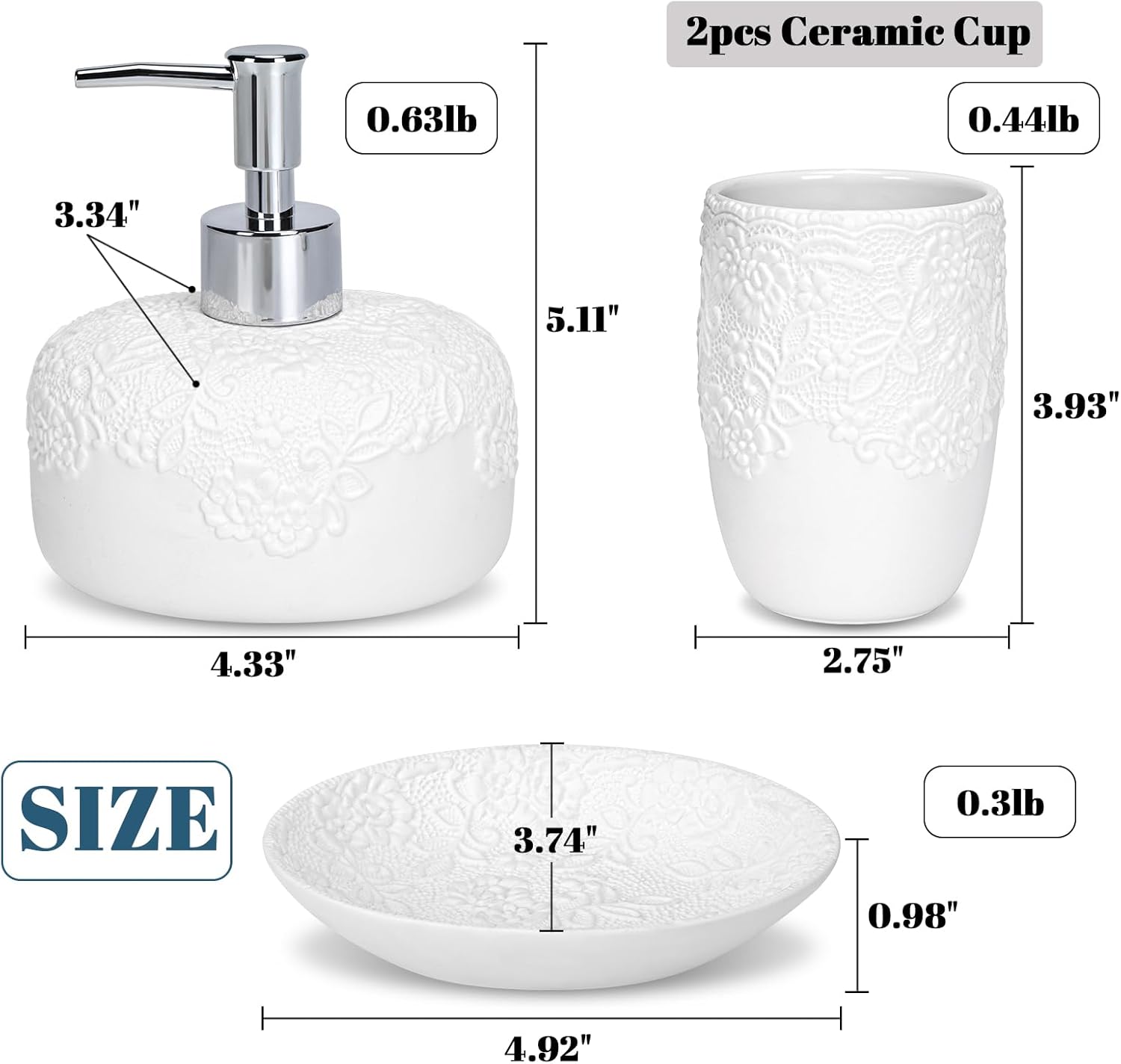 Ceramic White Bathroom Accessory Sets Embossed Design Look, Includes Bathroom Soap Dispenser with Rust-Proof Plastic Pump 13.5oz & 2Pcs Ceramic Cup,1Pcs Soap Dish