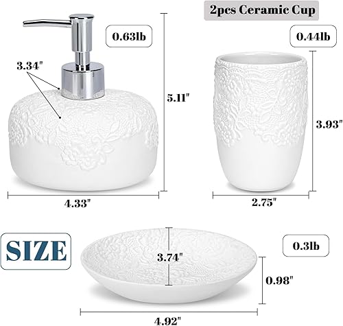 Miniatura 6 de Juego de accesorios de baño de cerámica blanca con aspecto en relieve, incluye dispensador de jabón de baño con bomba de plástico a prueba de óxido
